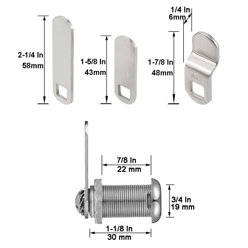 Keyed Alike 1-1/8” Cylinder Cam Locks Chrome Finish with 3 Cams and 2 Keys J949857