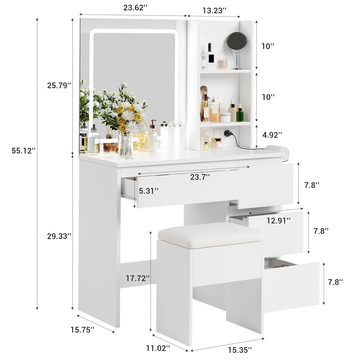 White Vanity Desk with Mirror and LED Light B553