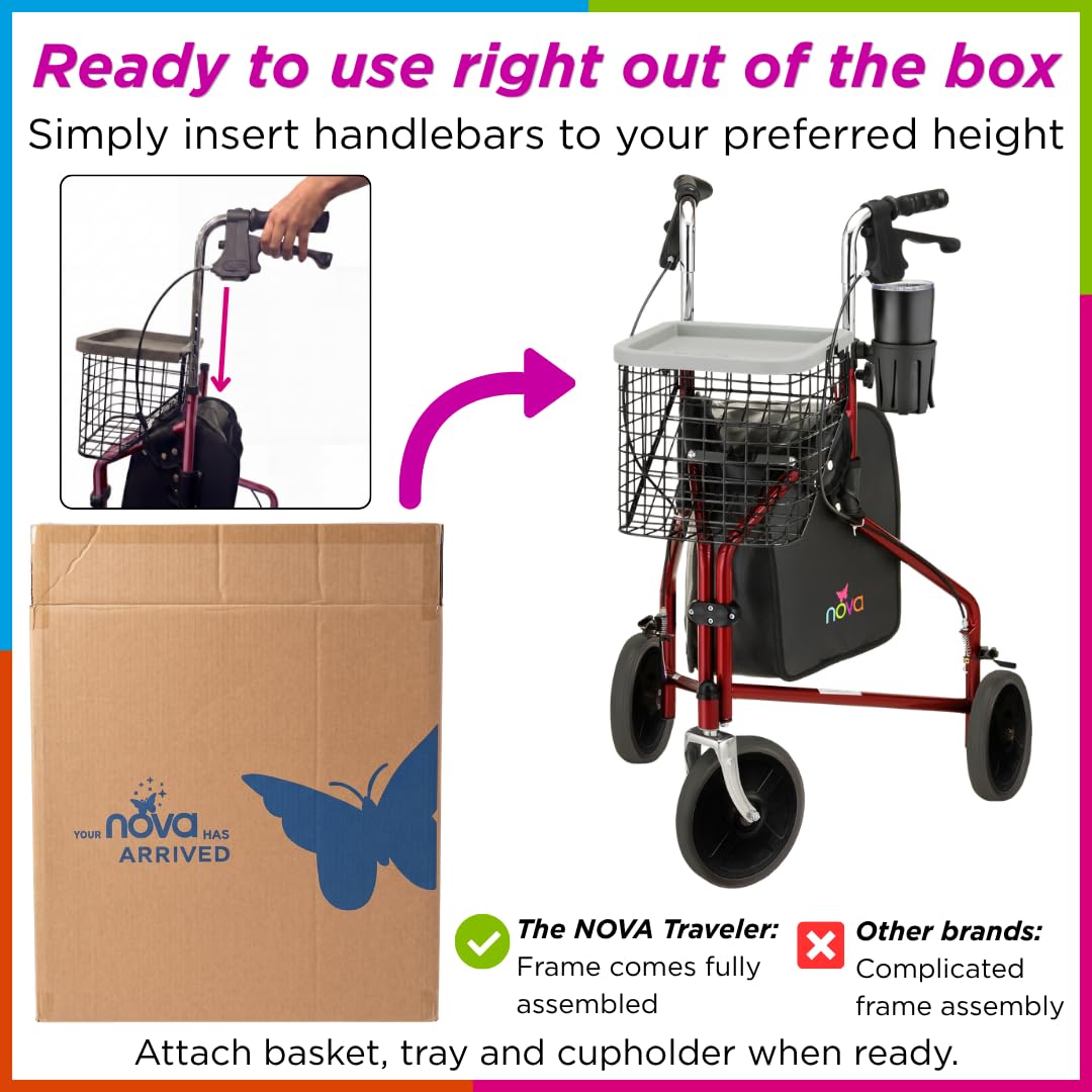 Folding 3-Wheel Walker with Tray Basket Pouch Cup Holder Z78556