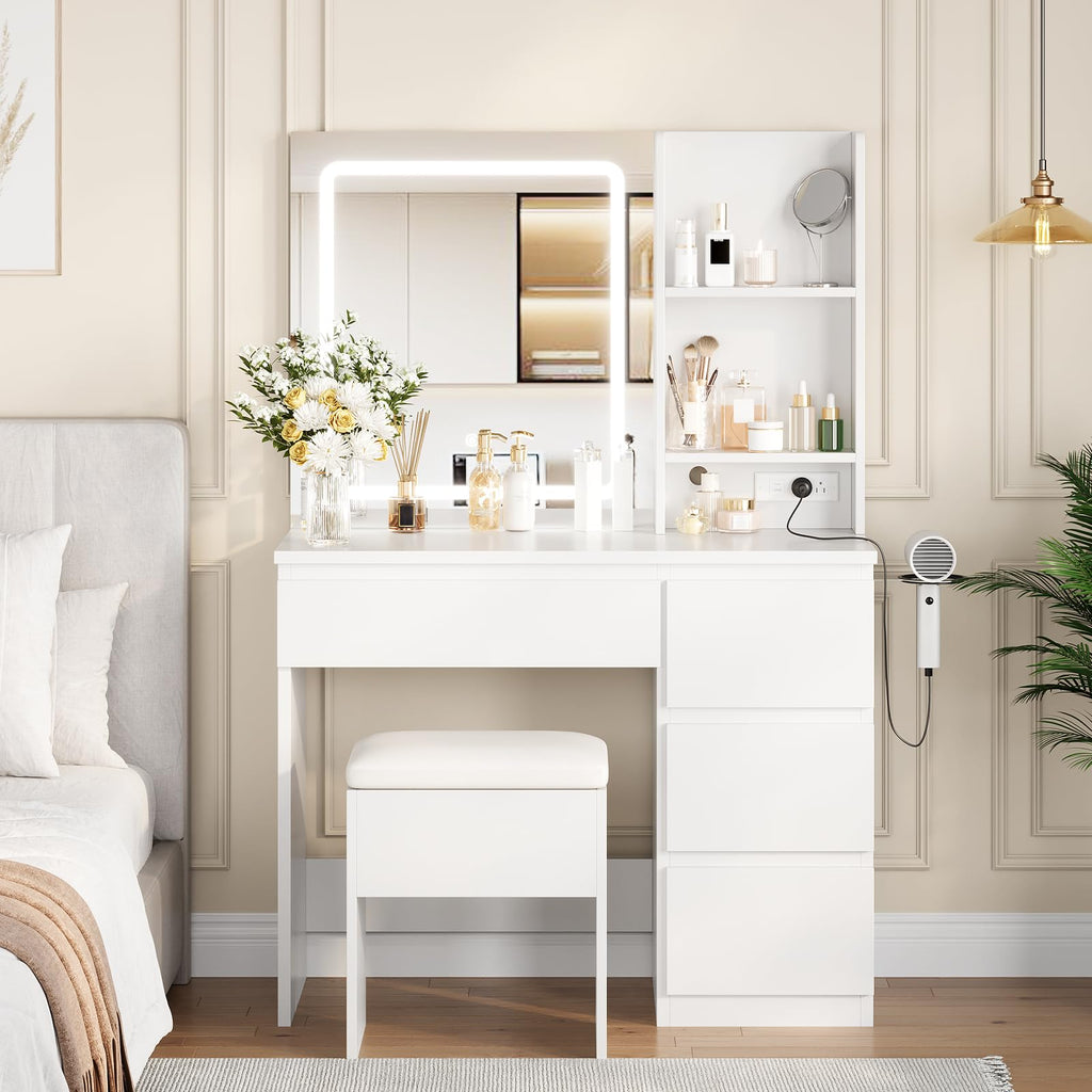 White Vanity Desk with Mirror and LED Light B553