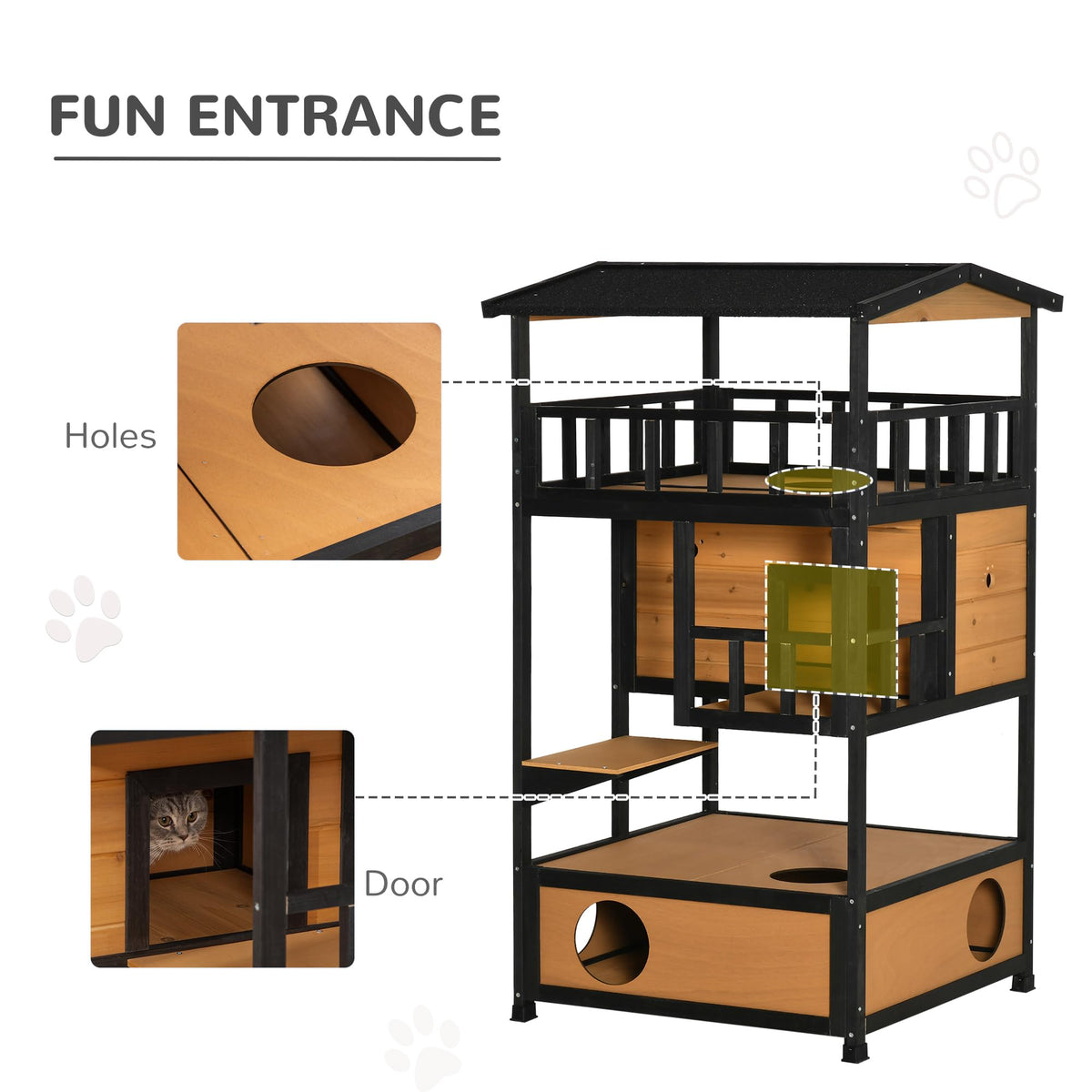 3-Story Wooden Outdoor Cat House with Raised Floor C5923