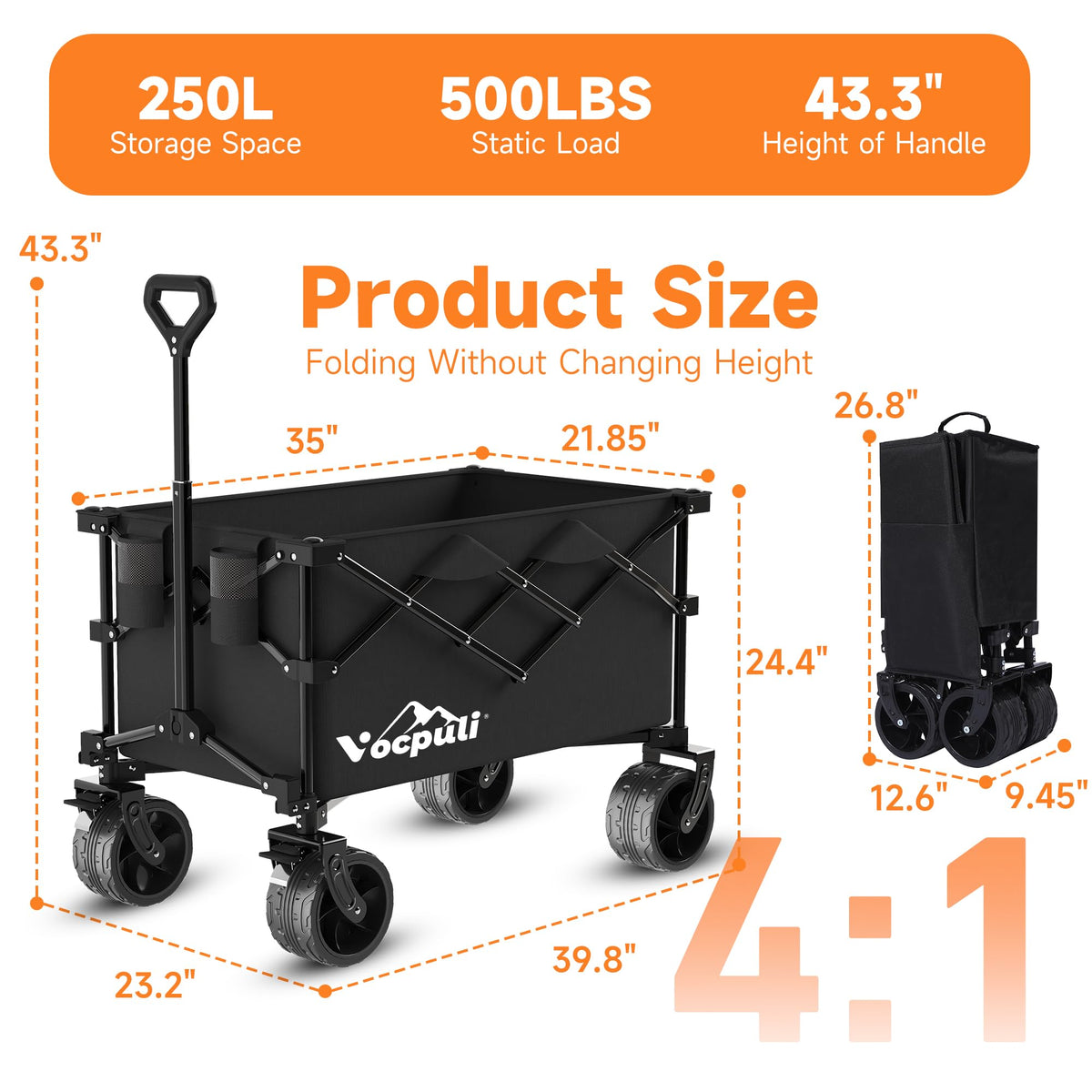 40" Black Collapsible Wagon Cart 500lbs 250L B308