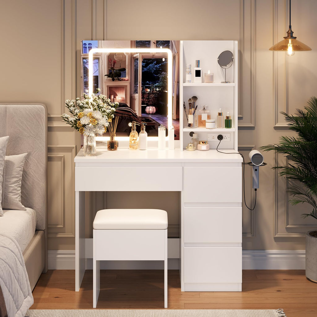 White Vanity Desk with Mirror and LED Light B553