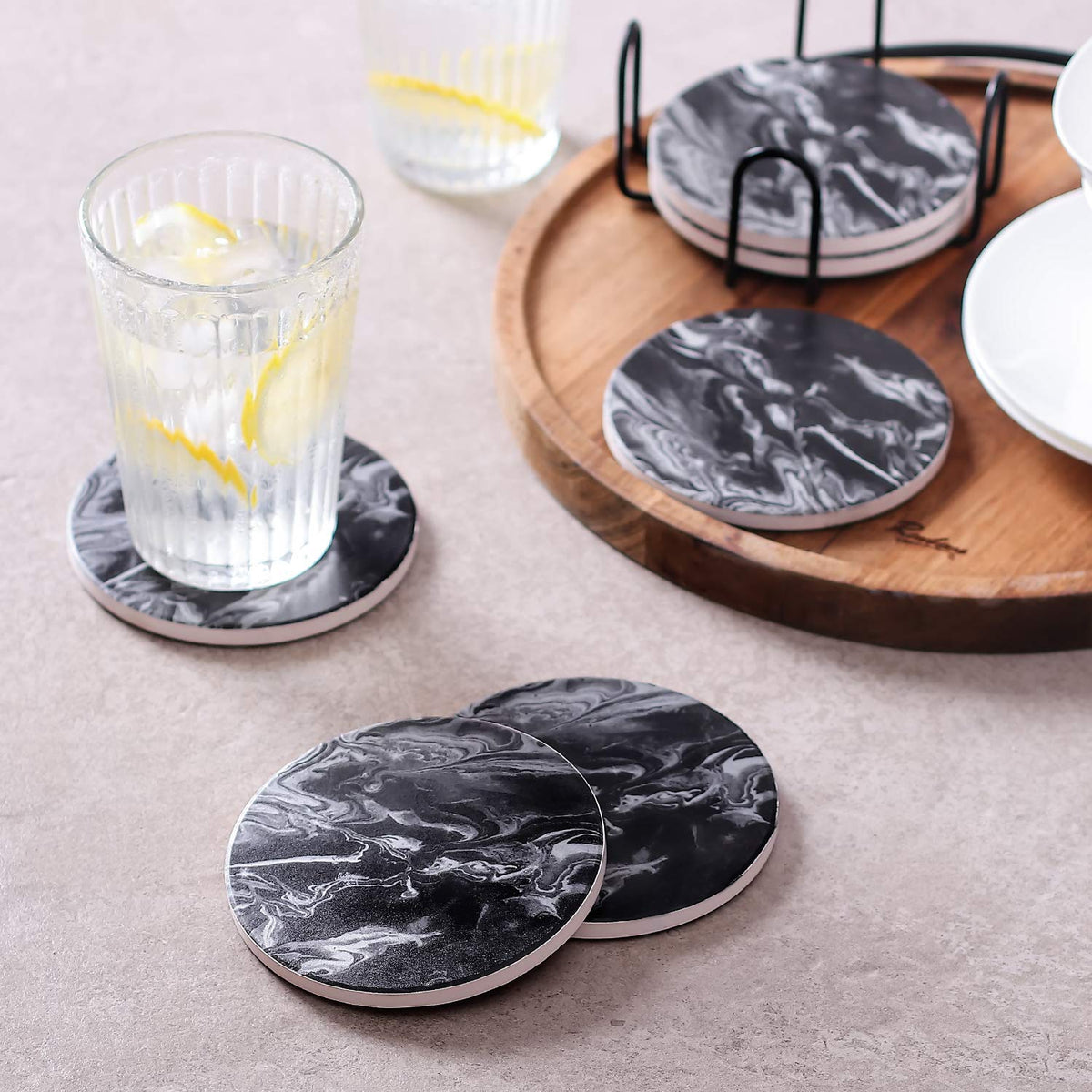 Black Marble Style Ceramic Coasters Set of 6 with Holder C429