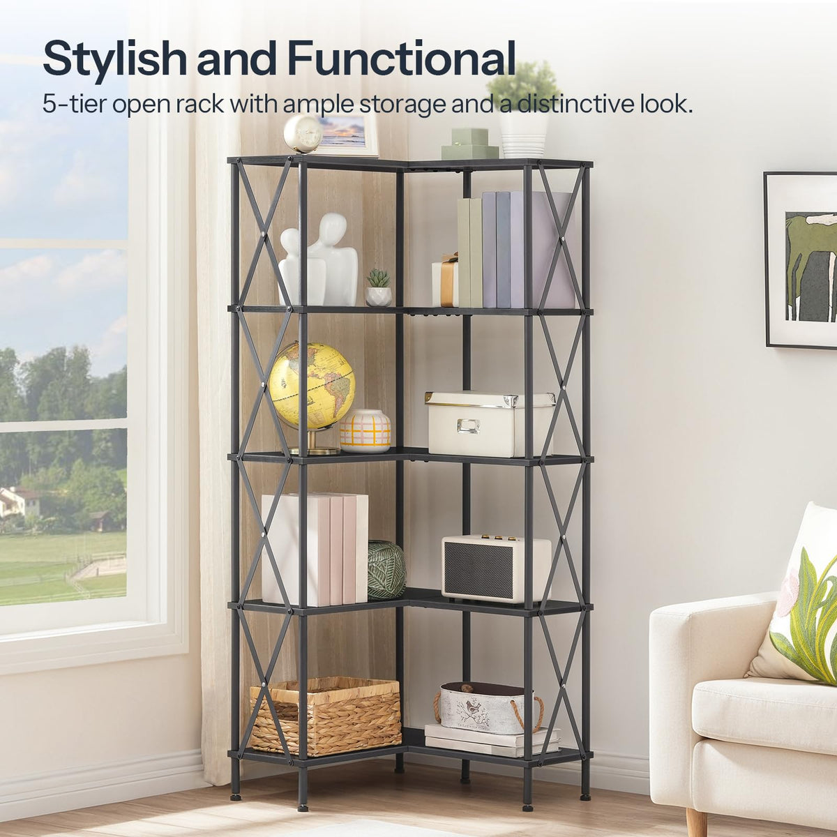 Black 5-Tier L-Shaped Corner Bookshelf E645887