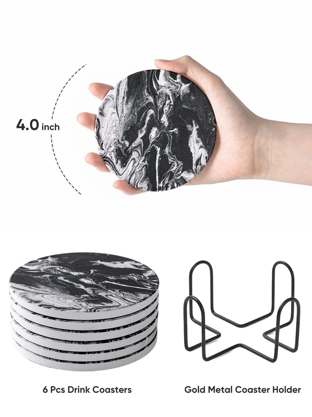 Black Marble Style Ceramic Coasters Set of 6 with Holder C429