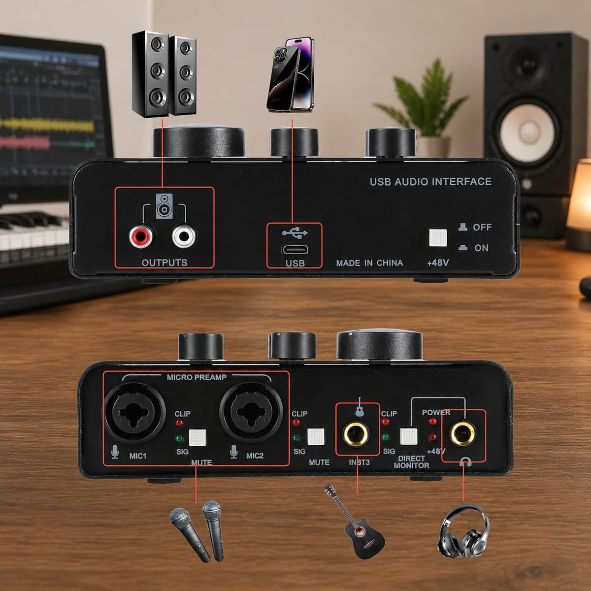 USB C Audio Interface with 48V Phantom Power H167