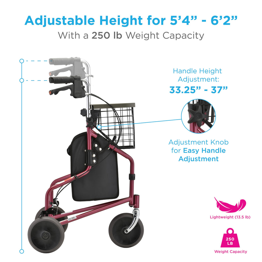 Folding 3-Wheel Walker with Tray Basket Pouch Cup Holder Z78556