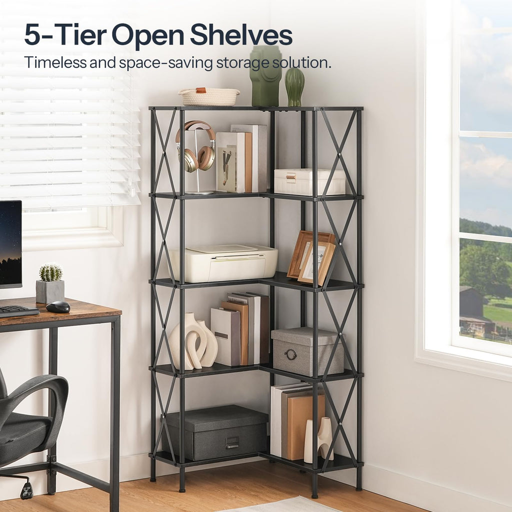 Black 5-Tier L-Shaped Corner Bookshelf E645887