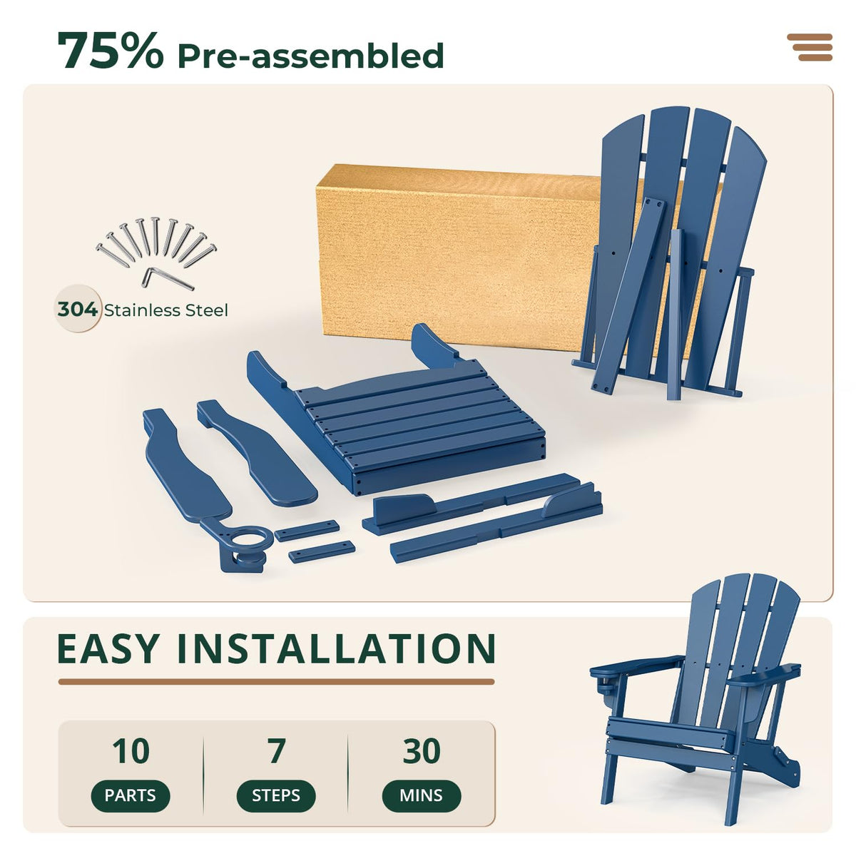 Folding Adirondack Chairs Set of 4 Blue HDPE Plastic J433