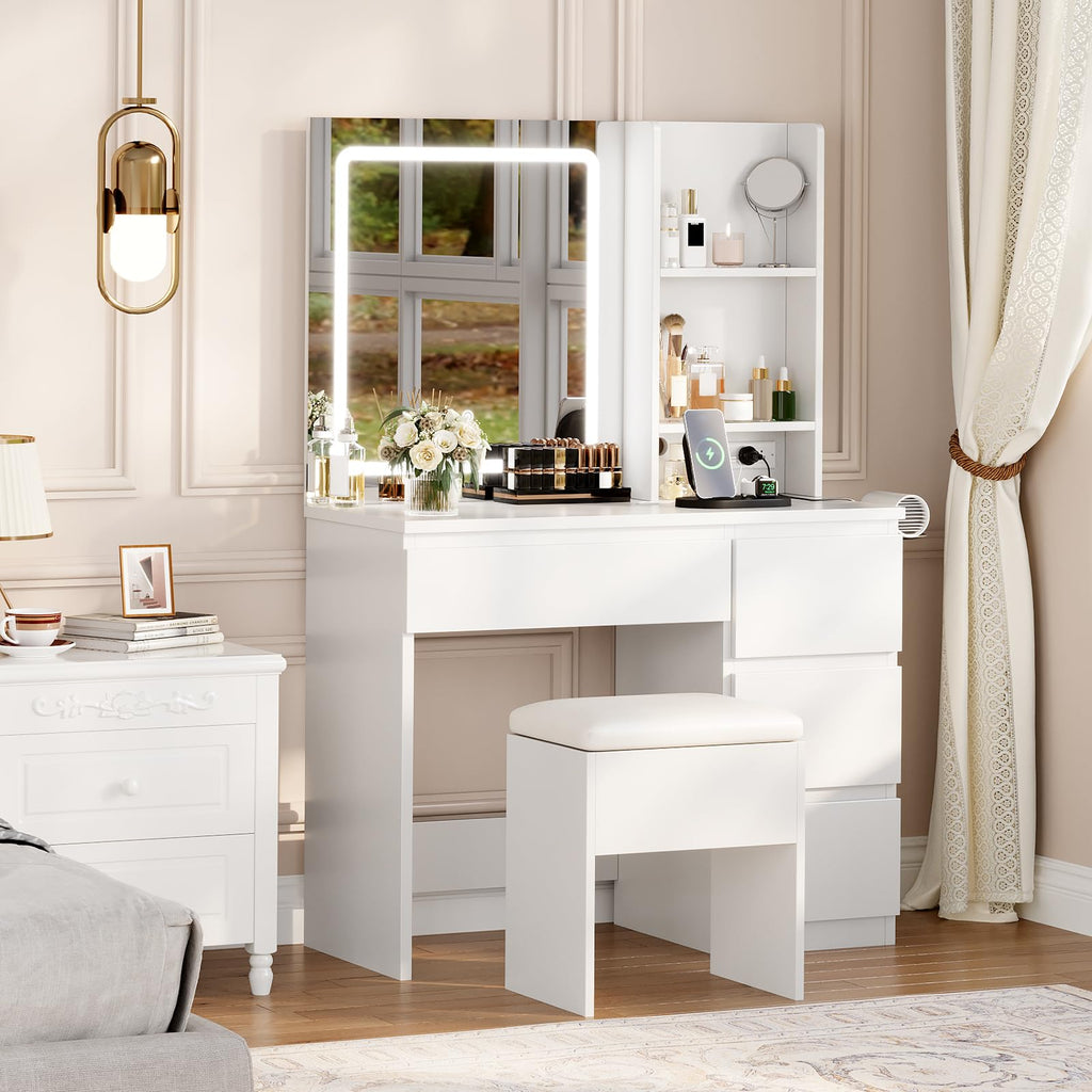 White Vanity Desk with Mirror and LED Light B553