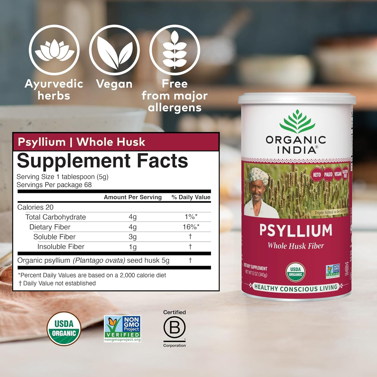 Whole Psyllium Husk Powder Organic Vegan 12 oz W8314