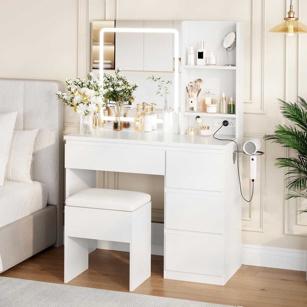White Vanity Desk with Mirror and LED Light B553