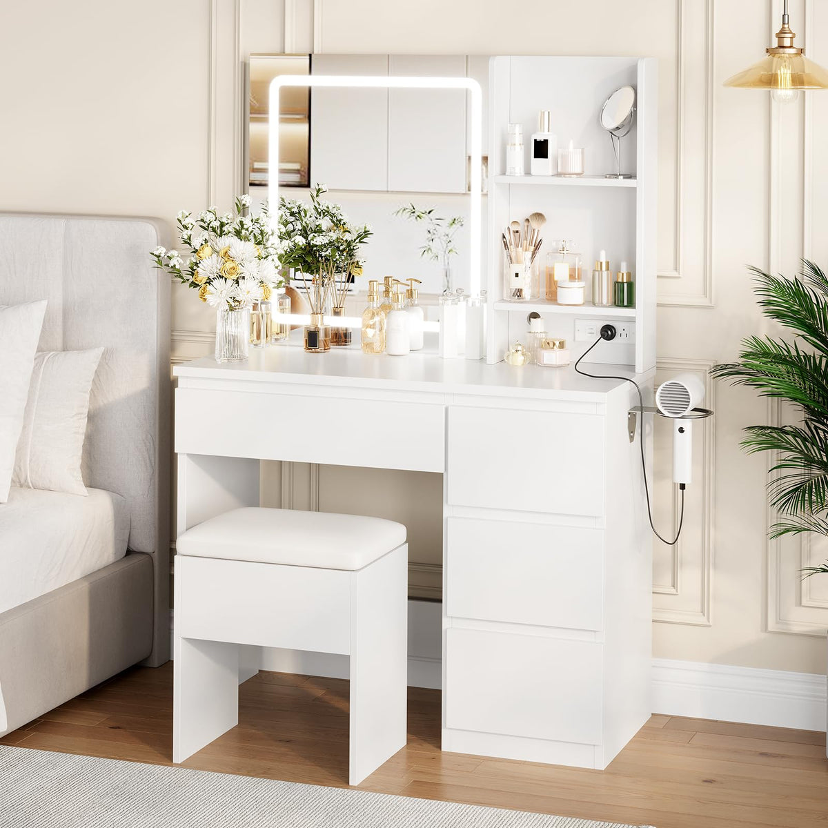 White Vanity Desk with Mirror and LED Light B553