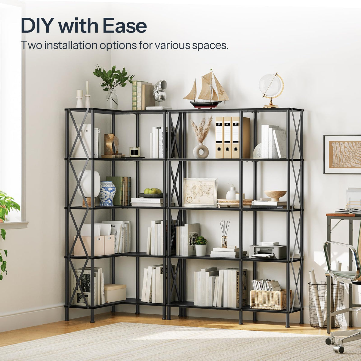 Black 5-Tier L-Shaped Corner Bookshelf E645887