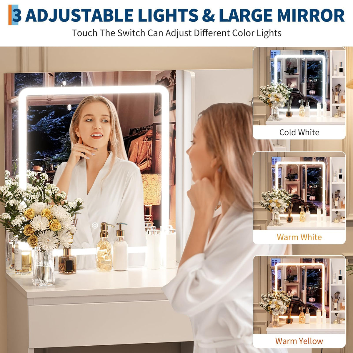 White Vanity Desk with Mirror and LED Light B553