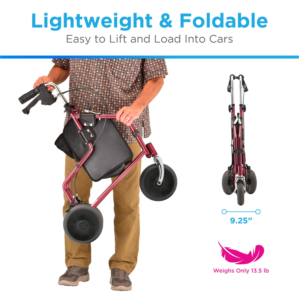 Folding 3-Wheel Walker with Tray Basket Pouch Cup Holder Z78556
