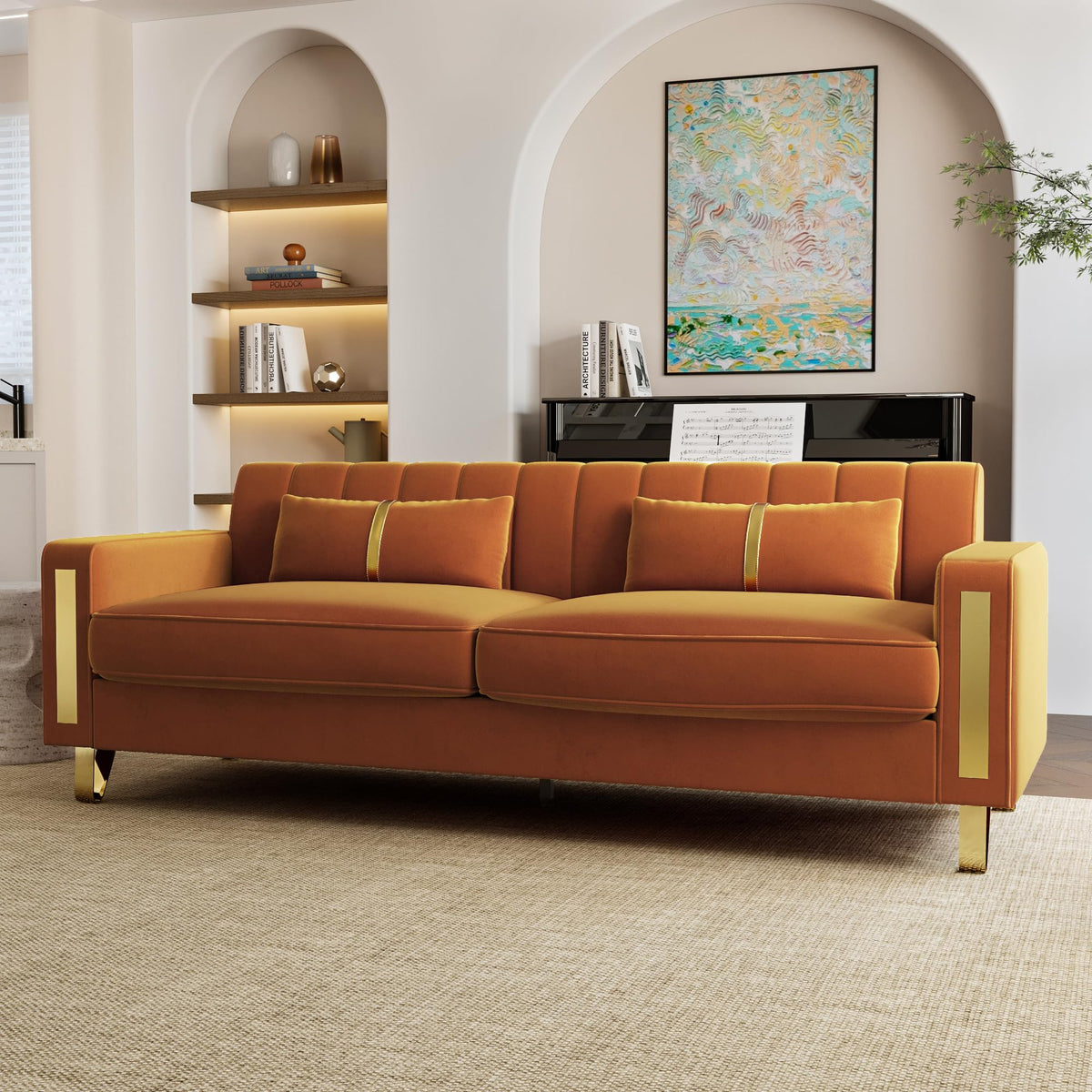 Orange 3-Seater Velvet Loveseat with 2 Pillows N7087