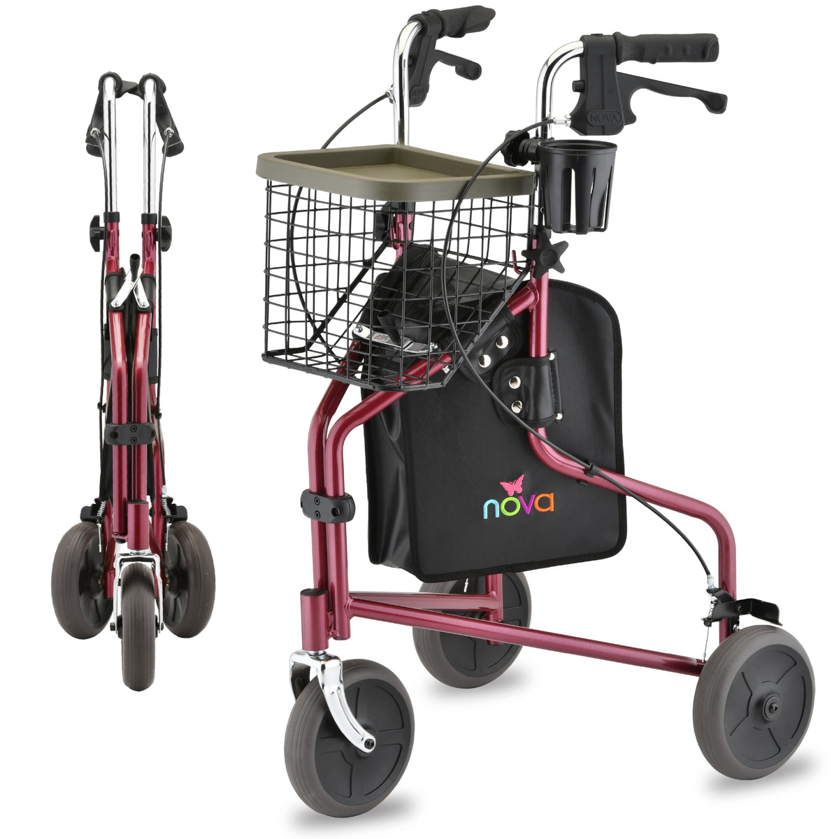 Folding 3-Wheel Walker with Tray Basket Pouch Cup Holder Z78556