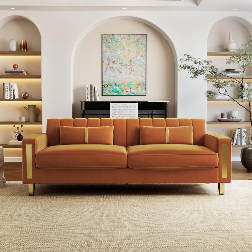 Orange 3-Seater Velvet Loveseat with 2 Pillows N7087