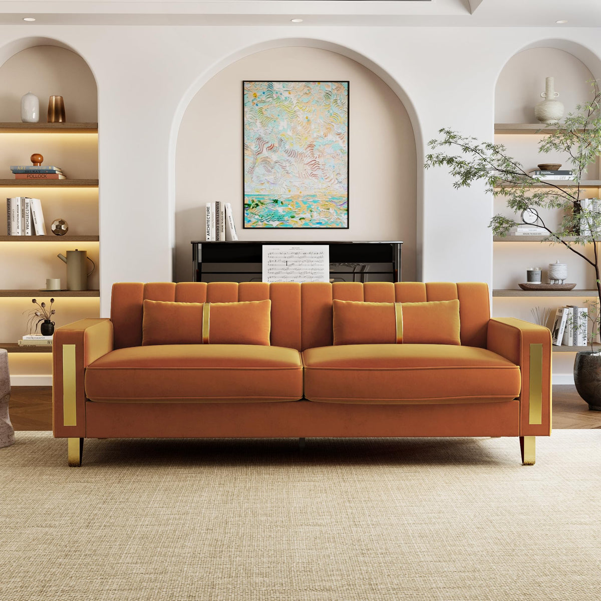 Orange 3-Seater Velvet Loveseat with 2 Pillows N7087