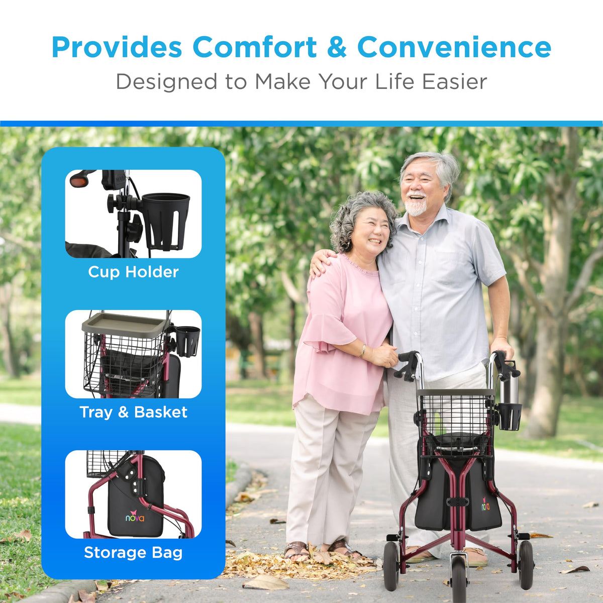 Folding 3-Wheel Walker with Tray Basket Pouch Cup Holder Z78556
