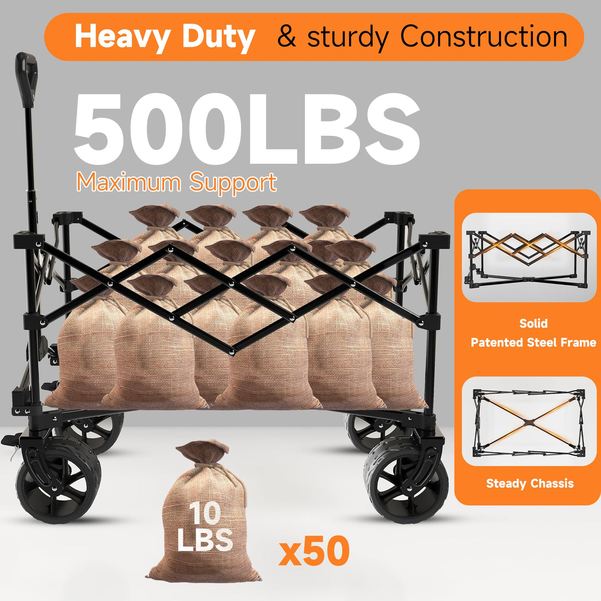 40" Black Collapsible Wagon Cart 500lbs 250L B308