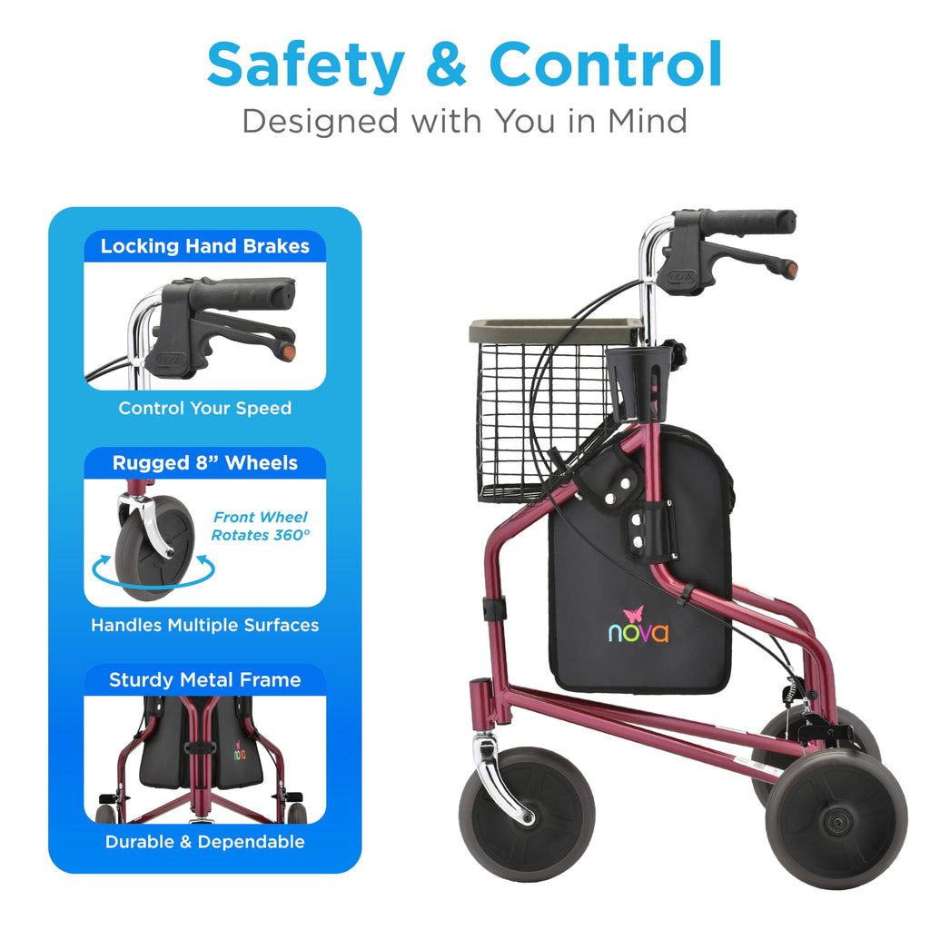 Folding 3-Wheel Walker with Tray Basket Pouch Cup Holder Z78556
