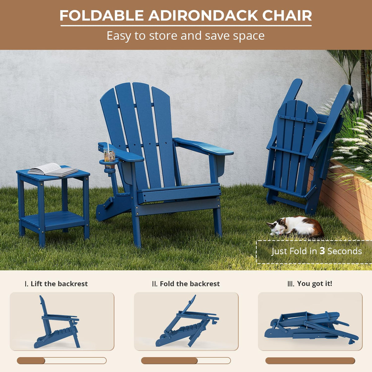 Folding Adirondack Chairs Set of 4 Blue HDPE Plastic J433