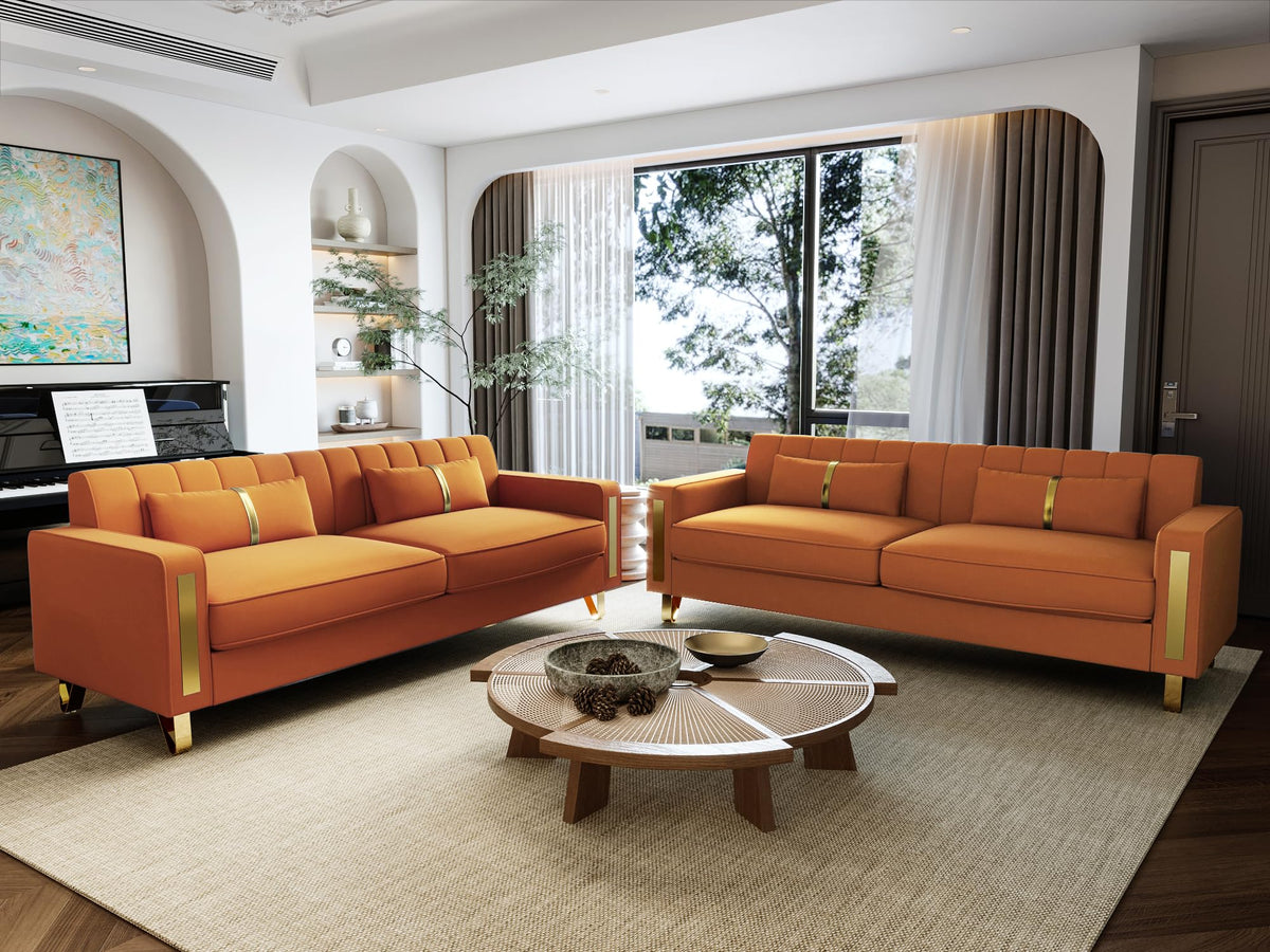 Orange 3-Seater Velvet Loveseat with 2 Pillows N7087