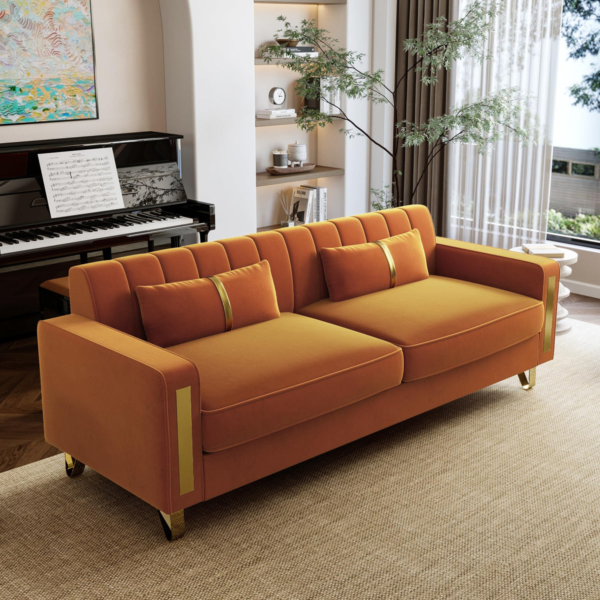 Orange 3-Seater Velvet Loveseat with 2 Pillows N7087