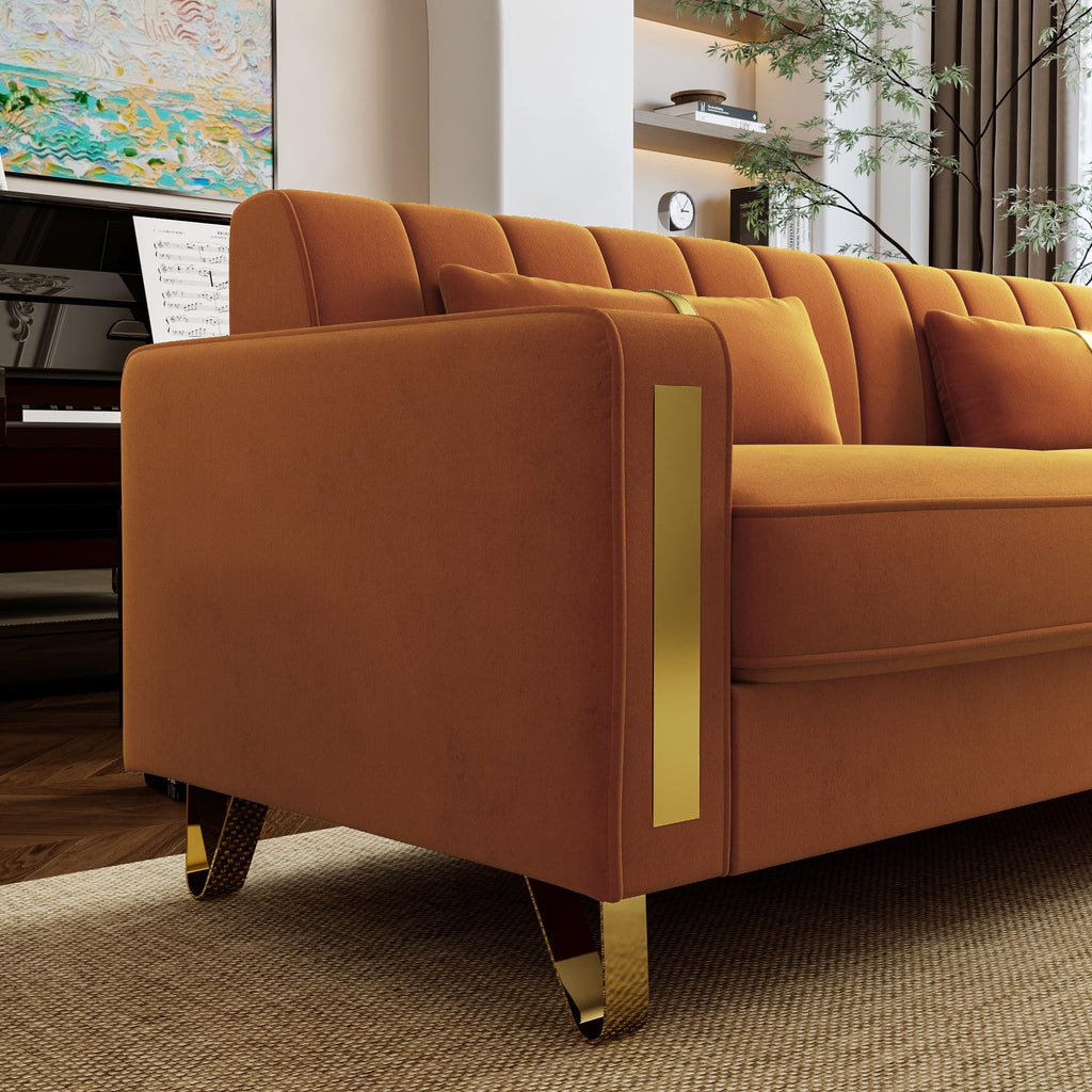 Orange 3-Seater Velvet Loveseat with 2 Pillows N7087