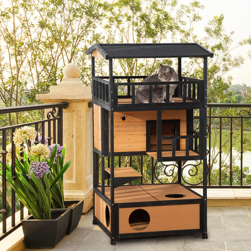 3-Story Wooden Outdoor Cat House with Raised Floor C5923