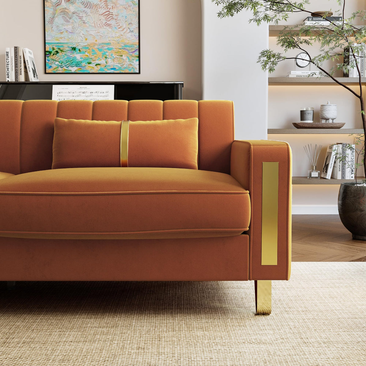 Orange 3-Seater Velvet Loveseat with 2 Pillows N7087